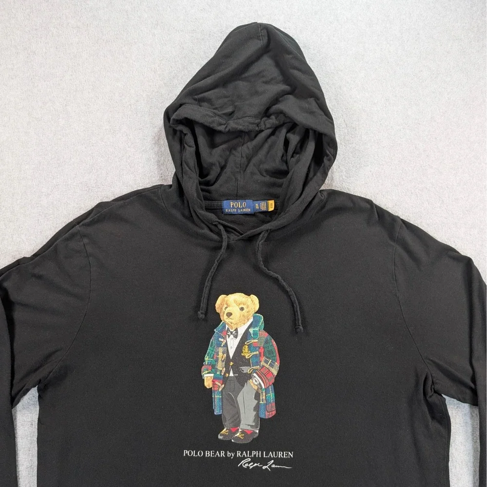 Polo Ralph Lauren Mens XL Black Polo Bear Plaid Coat Hooded T-Shirt Long Sleeve